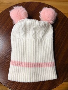 First Steps Kids Cable Knit Pom-Pom Beanie - White & Pink 2T - 4T
